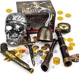 Pirate Treasure Play Set for Kids,Pirate Role-Play Toys,Pirate Costume kids Accessories with Pirate Mask,Gold Coins,Pirate Hook,Compass,Telescope,Plastic Sword,Eye Patch,Badge for Party Decor.