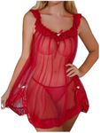 OYOANGLE Women's 2 Piece Mesh Sheer Floral Lace Babydoll Slip Dress Nightgowns and Thong Lingerie Set Burgundy Large