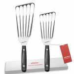 2 Pack Fish Spatula Turner, Stainless Steel Slotted Spatulas for Flipping, Turning, Frying & Grilling, 3"x6"+4"x8" Metal Slotted Spatulas, Wooden Full Tang Handle & Curved Blade