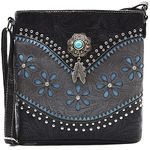 Western Style Tooled Leather Cross Body Handbags Concealed Carry Purse Women Country Single Shoulder Bag (Black)