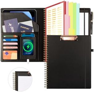 Black Leather Spiral Padfolio Clipboard with Storage for Men, Portfolio 5 Folders with 10 Pockets, Foldable Organizer Binder with Elastic Strap Notepad