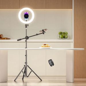 10.5" Selfie Ring Light with Stand and Phone Holder with Tripod Stand & Cell Phone Holder,Aluminum Overhead Arm Tripod LED Circle Lights for Live Stream/Makeup/YouTube/TikTok/Photo/Video Recording…