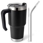 EQARD Tumbler with Straw Lid and Handle 30oz Travel Mug with Leakproof Lid Stainless Steel Vacuum Insulated Cup with Handle and Tube Brushes Coffee Mug for Hot Iced Drink BPA Free