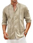 COOFANDY Men's Long Sleeve Button Down Cuban Guayabera Shirts Line Band Collar Casual Summer Beach Shirt Khaki