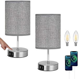 Lightess 2 Pack Bedside Table Lamp 2 USB Nightstand Lamp Touch Dimmable 3-Way Brightness Table Light for Living Room Office Hotel Restaurant Inc. 2 Warm White E14 Bulbs - Round Grey