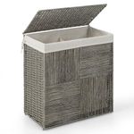 COSTWAY Laundry Basket with Lid, 110L Foldable Laundry Hamper with 2 Compartments, Removable Liner Bag & Handles, Handwoven Synthetic Rattan Dirty Clothes Sorter Bin Washing Basket for Bathroom, Grey