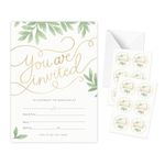 Rileys & Co 50 Pack Wedding Invitation Cards with Envelopes, Bonus Stickers Included, Gold Foil Print and Leaf Design, 13x18 cm (5x7 Inches)