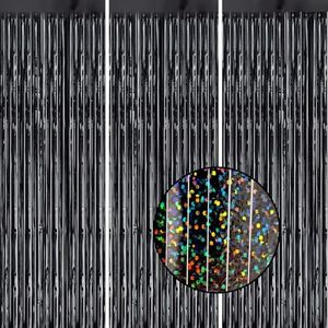 DECOCKRAT 3 Pack Foil Fringe Backdrop - Laser Black Shiny Tinsel Curtains for Party Decoration/Photo Booth Props - 3.3x8.2 FT Metallic Foil Backdrop for Birthday, Wedding, Graduation, Christmas.