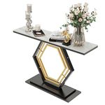 Marble Console Table Sintered Stone:Luxury Modern Hallway Tables 120x30x78cm Snow Mountain White Textured High Gloss Marble Tabletop with Geometric Golden and Black Base Pedestal for Foyer Decor
