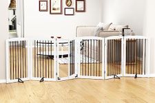 PUPETPO Freestanding Pet Gate with Door, Tall Dog Gate for House, Dog Gates for The House Extra Wide, Pet Puppy Safety Fence, Support Feet Included, 120 Inch Wide, 6 Panels 32" Tall, White & Black