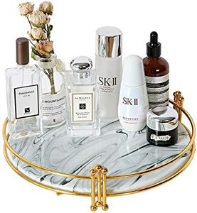 Glam Hues Round Marble Ceramic Decorative Tray with Handmade Gold Stand, 10.2’’ Vanity Holder Organizer, Stunning Perfume Tray for Dresser, Trays for Coffee Table, Ottoman Tray, Makeup Tray