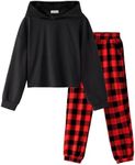 Flypigs Girls Clothing Sets Fall 2 Piece Outfits Black Long Sleeve Pullover Hoodie Sweatshirts and Red Checkboard Sweatpants