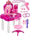 PREXTEX Kids Makeup Table with Mirror and Chair, Princess Play Set, Kids Makeup Vanity Table with Makeup Accessories and Light and Musical Sound Effects for Toddler Girls (Plastic)