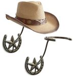 HYDERMUS Cowboy Hat Rack for Wall 2 Pack Rustic Metal Cowboy Hat Holder Cast Iron Cowboy Hat Hanger Western Wall Decor Horseshoe Hooks for Storage and Display Brass