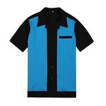 Anchor MSJ Men's 50s Male Clothing Cotton Short Sleeve Vintage Bowling Button-Down Shirts Blue M