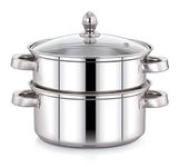 Pigeon Elantra Stainless Steel 2 Tier Steamer Pot Set with Glass Lid | Pasta Steamer Momo/Modak Maker | Vegetable Steamer | Rice Steamer; 20 cm | Induction and Gas Stove Compatible Silver Steamer