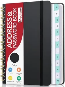 Address Book with Alphabetical Tabs, Hardcover Phone Book Password Keeper with Spiral Binding, Address Books for Seniors, Record Internet Logins, Coloring Pages - 5.7"×7.7" (Black)