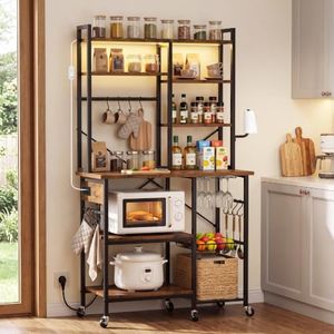 Cibert Bakers Rack with Power Outlet, Rolling Microwave Kitchen Cart, Brown