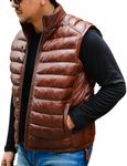 Jild Lambskin Leather Puffer Vest with Removable Hood - Stand Collar Casual Style Sleeveless Leather Jacket Men (Puffer-Tan-Custom)