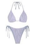 ZAFUL Halter Bikini Swimsuits for Women Ribbed High Cut Bikini Sets Self Tie String Padded Bathing Suit Light Purple L, Light Purple, Large