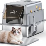 PalNests Stainless Steel Cat Litter Tray, XXL Litter Box with 105° Flip Lid and Scoop, Detachable Metal Large Pet Toilet with Activated Carbon Box, High Sided Litter Tray with Cat Litter Deodorizer