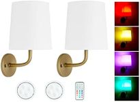 HEQIQEH Rustic Vintage Battery Operated RGB Wall Sconce Light Fixture with Remote Control, Flared Funnel Linen Fabric Shade Dimmable Nightstand Lamps for Bedroom Bedside, 2 Packs (Antique)