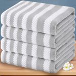 Waffle Bath Towels, 4PC 28" x 52" - 100% Cotton | Quick Dry | Light Weight | Soft | Breathable, Striped Bath Towels for Bathroom, Shower Towel Gift Set, Gray Stripes and White Checker/Waffle