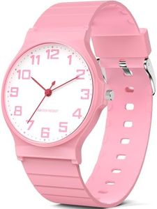 TENOCK Kids Analog Watch Boys Girls, 30M Waterproof, Sports Watch with Thin Dial & Soft Band, Easy to Read for Ages 5-15, Great Birthday Christmas Gifts for Kids (Pink-White Dial)