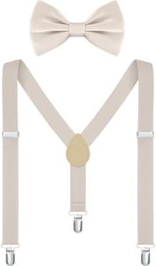 MagicSite Khaki Suspenders for Boys Elastic Bow Tie Kids Girls Toddlers Adjustable Elastic Y-Back Design & Sturdy Clips for Age 1-7 Years