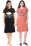 XOYA Printed Knee Length Night Dresses for Women/Cotton Nighty - Black & Rust 2 Pc Combo - M