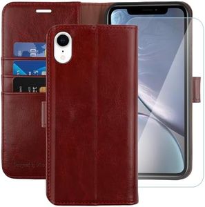 MONASAY Wallet Case Compatible for iPhone XR, 6.1-inch, [Glass Screen Protector Included] [RFID Blocking] Flip Folio Leather Cell Phone Cover with Credit Card Holder, Burgundy
