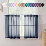 Aiyufneg Small Sheer Tier Curtains Half Kitchen Curtain Sheers, Light Filtering Farmhouse 24 Inch Window Panels Rod Pocket Navy Blue Voile Short Curtain for Bathroom, 40W x 24L, Set of 2 Panels