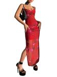 GORGLITTER Women's Tie Dye Split Tie Back Dresses Mesh Backless Sleeveless Maxi Bodycon Dress, Burgundy, Small