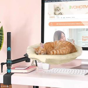 EVOMOTIVE Deskside Dreamer - Cat Desk Bed, Comes with [2 Washable Fabrics]: Mesh and Plush, 360° Rotating & Height Adjustable [Beige]. Max Weight 35LBS