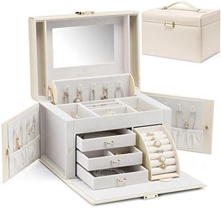 Vlando Jewellery Box Organizer for Girls Women, Large Baroque Jewellery Storage Box with Mirror, Drawers for Bracelets, Earrings, Rings, Necklaces, Christmas or Birthday Gift, Apricot White