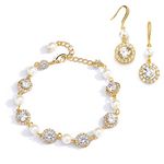 Mariell 14K Gold Plated Pearl Round CZ Bridal Bracelet & Earrings Set - Wedding Jewelry for Bridesmaids, Pearl, Gold, Cubic Zirconia