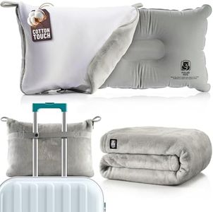 MasterManner Travel Blanket and Pillow Set — Airplane Blanket with Inflatable Pillow and Cotton Pillowcase, Travel Blanket Combo with Back-Neck Snaps for Long Flights