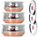 Nirvika Stainless Steel with Copper Bottom Handi Kitchen Serving, Cooking Bowl Set with Lid - Set of 3 Pieces Cookware, 3 Piece Urli Lid