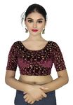 PU Fashion Stylish Golden Embroidery Work Readymade Half Sleeve Stretchable Velvet Blouse - Soft Breathable Fabric, Latest Saree Blouse For Women Purple Size 38"