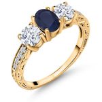 Gem Stone King 18K Yellow Gold Plated Silver Blue Sapphire Engagement Ring | 3-Stone Ring For Women | 2.64 Cttw | Oval 7X5MM | Available In Size 5, 6, 7, 8, 9, Sterling Silver, Gemstone, sapphire and