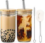 HEFBCOMK 2 Pack Reusable Boba Cup, 24Oz Wide Mouth Smoothie Cups, with Bamboo Lid and Straws Iced CoffeeCups, Mason Jars Glass Cups, Bubble/Boba Tea Cups, Travel Drinking Bottle