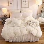 LIFEREVO Cream Luxury Plush Shaggy Duvet Cover Set Luxury Ultra Soft Crystal Velvet Bedding(1 Faux Fur Duvet Cover and 2 Pompoms Fringe Pillow Shams) Solid, Zipper Closure (King,Light Beige)