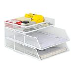 EasyPAG 2 Tier A4 Mesh in Trays Stackable Office Desk Tidy File Holder Magazine Storage Paper Document Letter Organiser with Top Stationery Holder,White