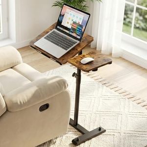 YUHFERA Rolling Table for Laptop Stand, Height and Angle Adjustable Over Bed Table with Wheels, Tilt-Top Laptop Desk for Couch with Cup Holder, Bed Table Tray for Eating (Brown)
