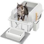 Furkid Stainless Steel Cat Litter Box with Lid, XL Large Litter Box for Big Cats, Enclosed Kitty Litter Pan with High Sides, Anti-Leakage&Non-Stick, Easy to Clean, Included Scoop, Aisle and Mat White