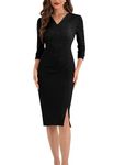 Belle Poque Women Vintage Bodycon Dress Lace 3/4 Sleeve Dress V Neck Midi Dress Party Cocktail Black 16