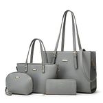 Women Fashion Synthetic Leather Handbags Tote Bag Shoulder Bag Top Handle Satchel Purse Set 4pcs (A-Grey)