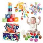 XAZASTOV Baby Toys 6 to 12 Months, 5 in 1 Montessori Toys for Babies 1 2 3 Year Old, Baby Sensory Toys 18 Months with Stacking Cups, Matching Eggs, Tissue Box Toy, Teething Rattle Toy, Pull String Toy
