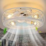 MOSSCO Caged Ceiling Fans with Lights and Remote, Fan Reversible 6 Speeds, Farmhouse Enclosed Fan Lights Ceiling for Bedroom, E27 Flush Mount Ceiling Fan Light White 50CM