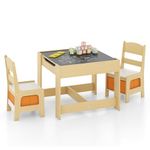 KOTEK Kids Wood Table and 2 Chairs Set with Blackboard & Storage Space, Children Multi Activity Table for Toddlers Learning, Playing, Drawing, 3-in-1 Toddler Art Crafts Desk and Chairs Set (Natural)